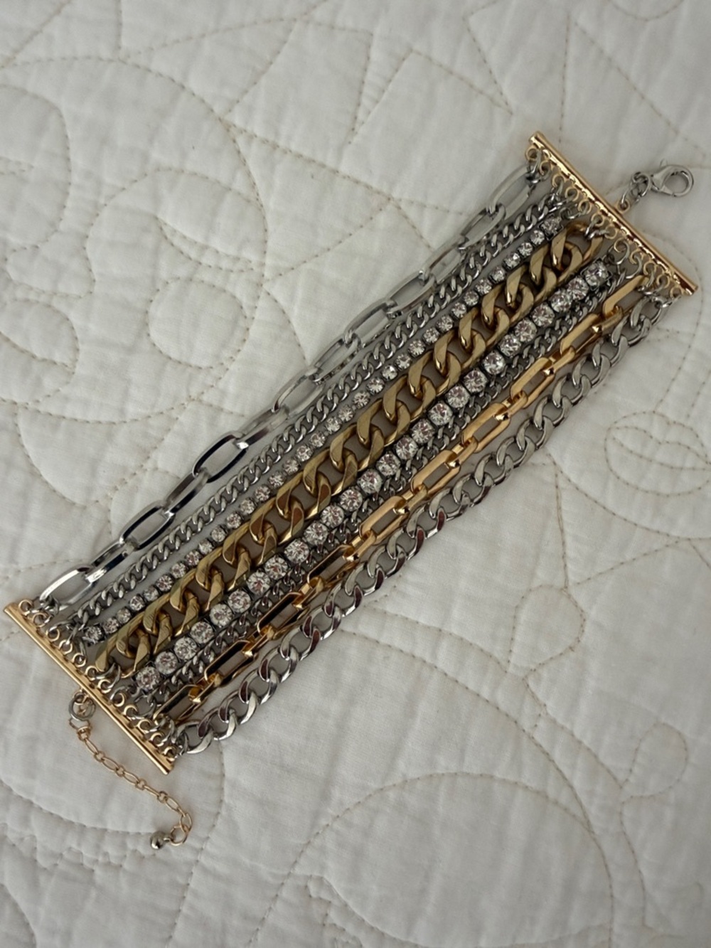 Two-Tone Multi-Row multi Chain Bracelet with Crystal Strands - Gold & Silver